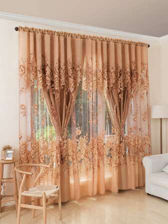 1 件咖啡色花卉圖案透明窗簾,鄉村風格單層爛花布窗簾,適合客廳、臥室、窗戶和門裝飾