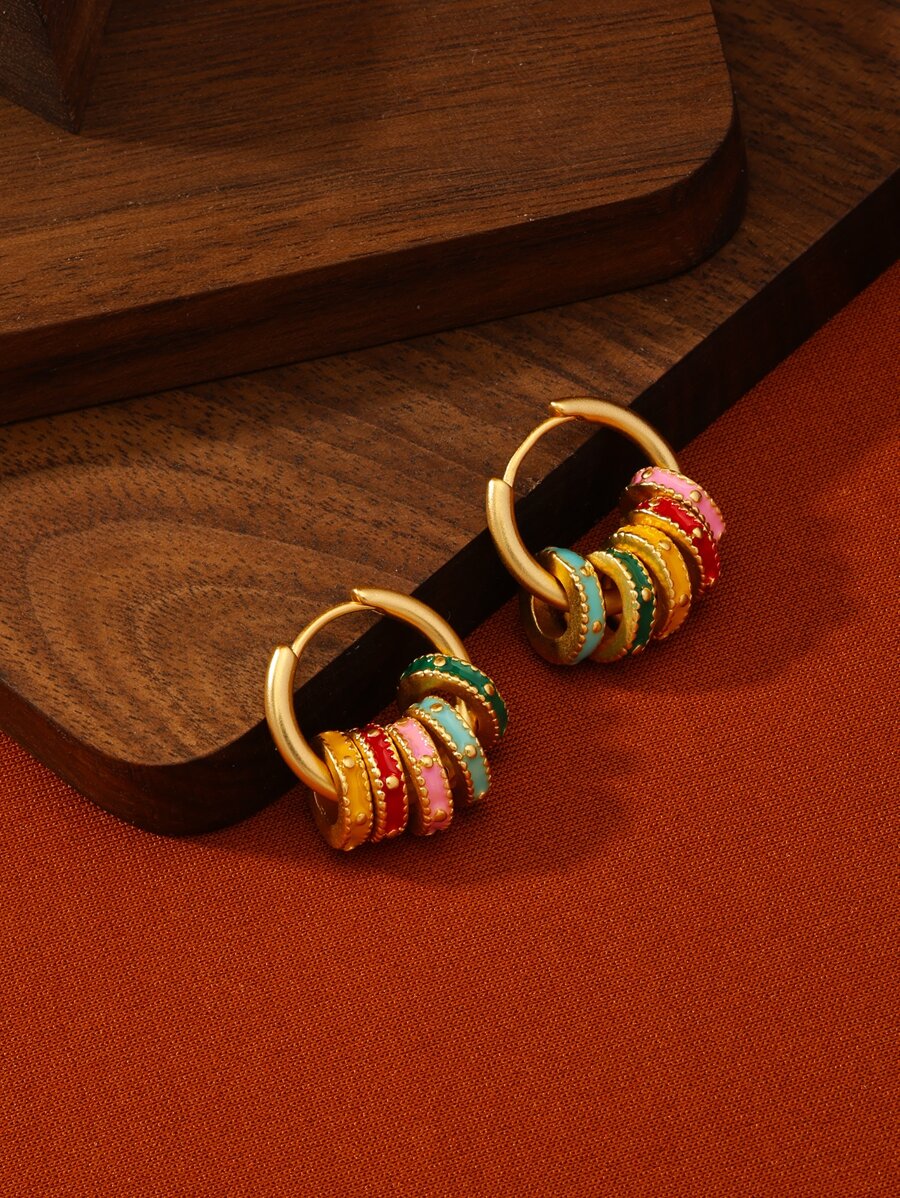 1对铜合金马卡龙系列彩色珐琅四叶草和几何图案耳环，时尚百搭，适合作为母亲节和圣诞节礼物，也可DIY耳环。 - 金色 - 查看 1