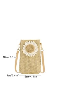 夏季编织包斜挎包带向日葵装饰手机轻便时尚白领上班族大学工作商务通勤办公室周年纪念生日礼物情人节礼物女士海滩草编手机袋 iPhone 包女士手机袋钱包钱包 - 卡其色 - 查看 5