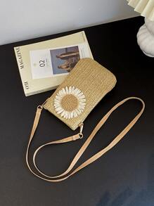 夏季编织包斜挎包带向日葵装饰手机轻便时尚白领上班族大学工作商务通勤办公室周年纪念生日礼物情人节礼物女士海滩草编手机袋 iPhone 包女士手机袋钱包钱包 - 卡其色 - 查看 2