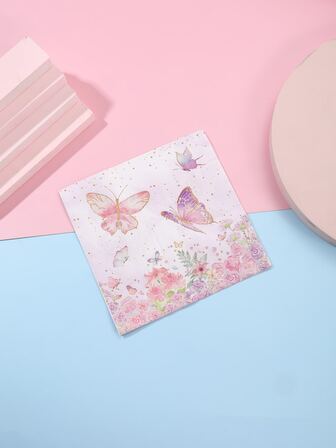 25入組粉色花卉圖案蝴蝶主題一次性餐巾紙