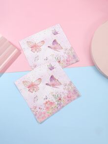 25入組粉色花卉圖案蝴蝶主題一次性餐巾紙