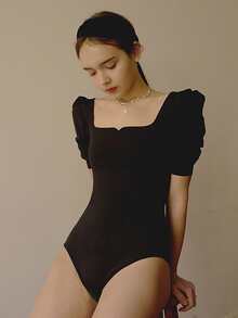 素色方領泡泡袖連體泳衣 - 黑色 - 查看 4