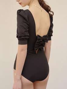 素色方領泡泡袖連體泳衣 - 黑色 - 查看 5