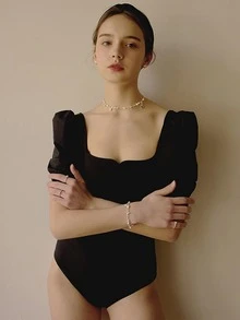 素色方領泡泡袖連體泳衣 - 黑色 - 查看 3