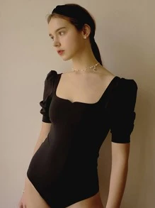 素色方領泡泡袖連體泳衣 - 黑色 - 查看 1