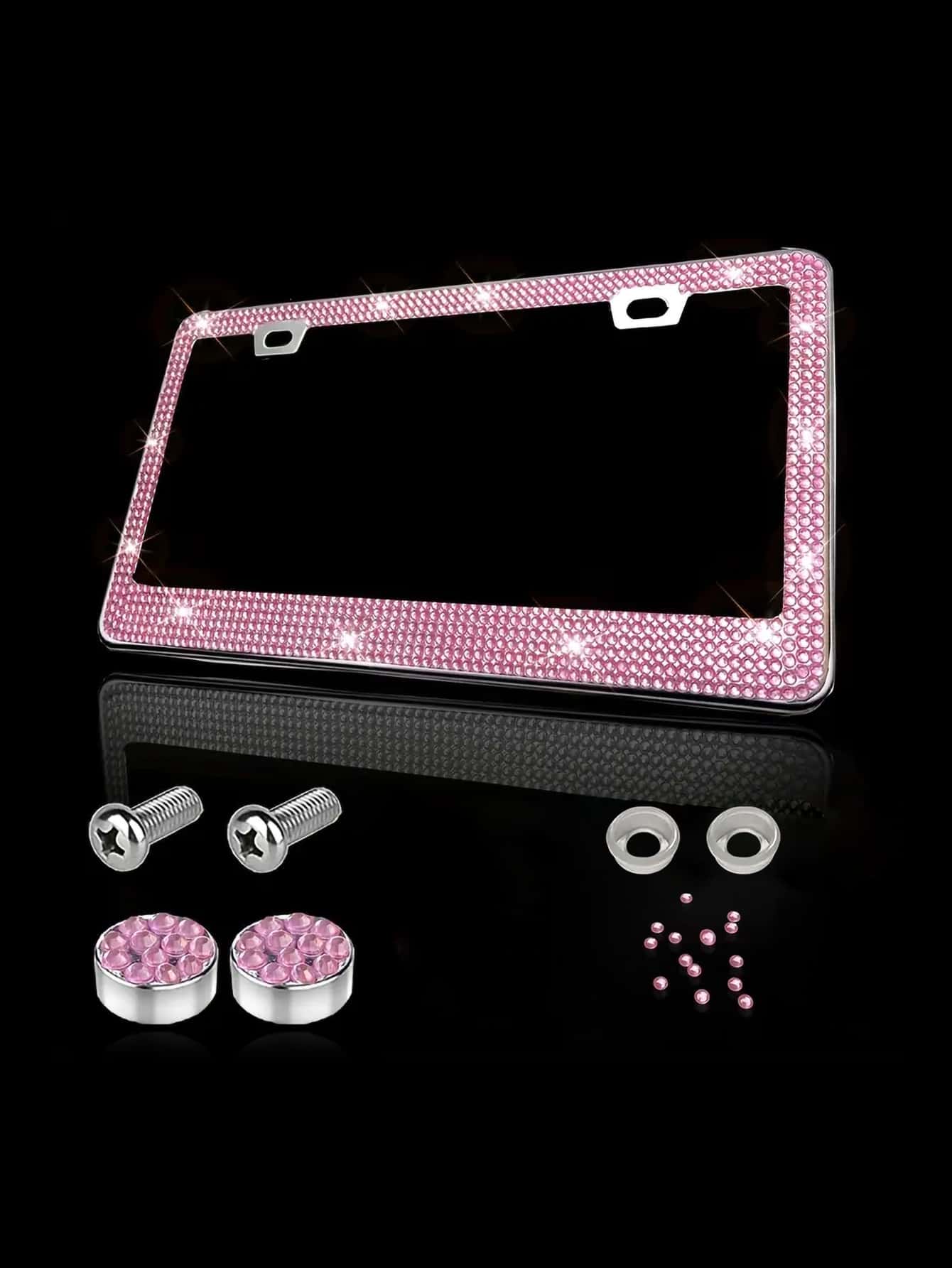 水鑽裝飾不銹鋼汽車牌照架 - 粉色 - 查看 1