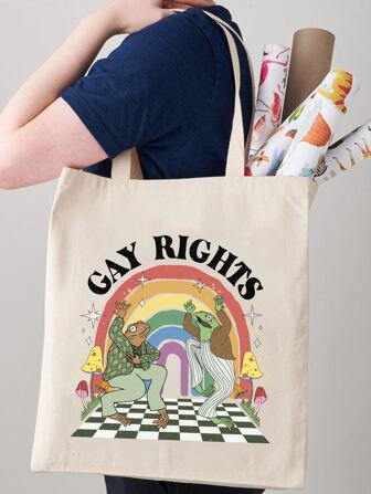 1 件青蛙和蟾蜍同性恋权利图案休闲帆布手提袋，LGBT 礼品购物袋，骄傲月可重复使用折叠收纳手提袋手提包