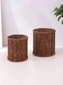 2pcs/1pc Rattan Cutlery Utensil Holder, Chopstick Container - Brown - View 2