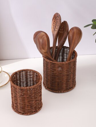 2pcs/1pc Rattan Cutlery Utensil Holder, Chopstick Container