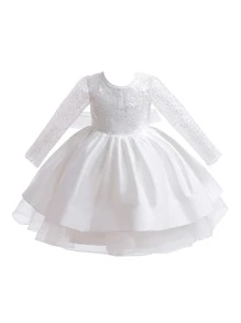 少女可愛優雅固色長袖裙,後背網眼及蝴蝶結裝飾,適用於學校演出 - 白色 - 查看 2