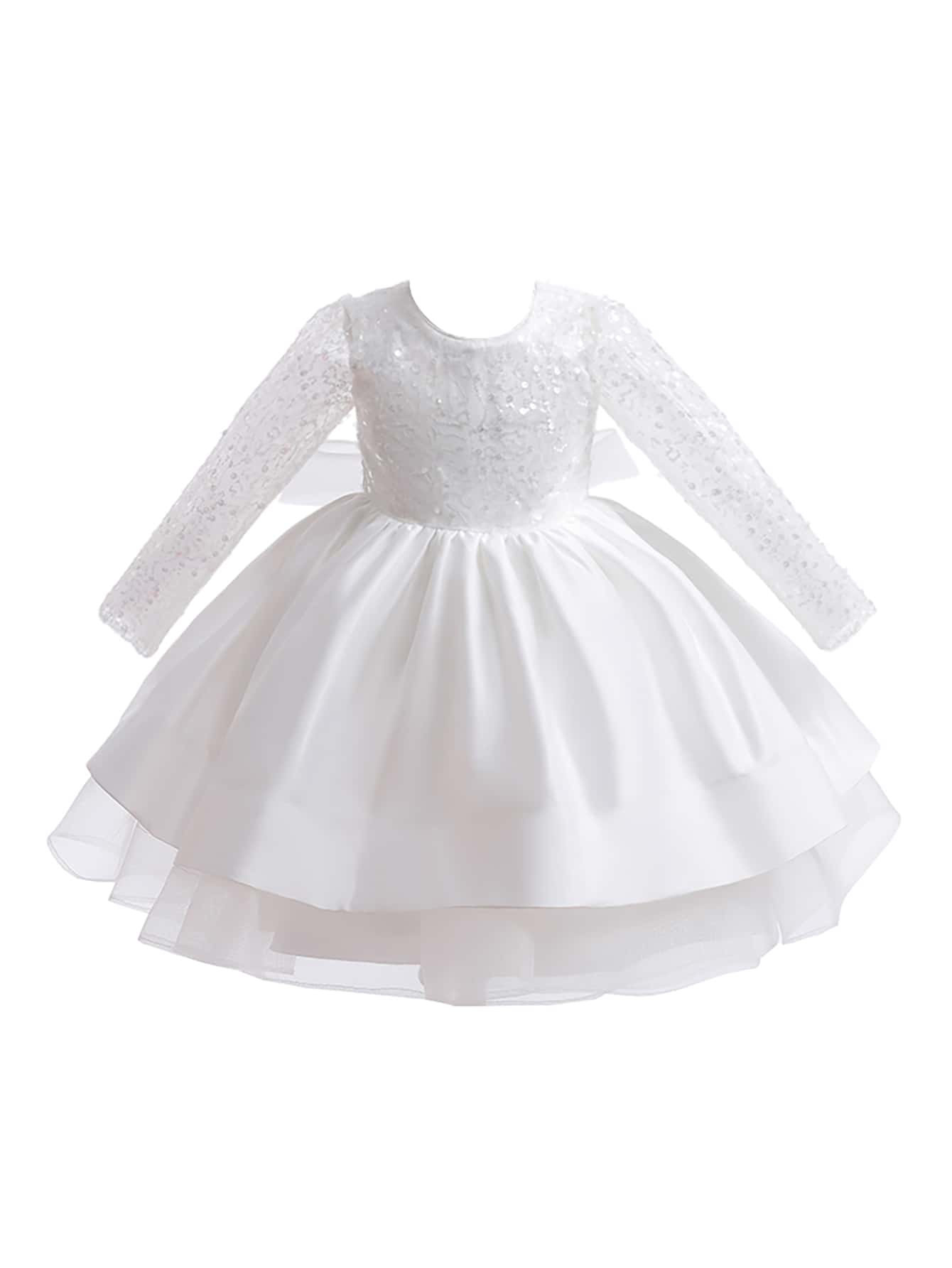 少女可愛優雅固色長袖裙,後背網眼及蝴蝶結裝飾,適用於學校演出