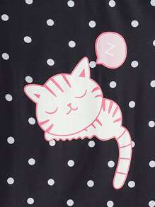 2pcs/Set Girls Snug Fit Pajamas Set, Crew Neck Cute Sleeping Cat Print Short Sleeve & Shorts, Comfortable Casual Sleepwear Suit For Summer - Black - View 3