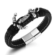 Pulsera Hombre Ancla Diseño Trenzado Cuero Vacuno Negro - Negro - Ver 3