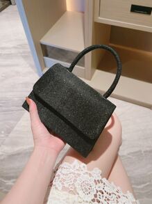 Glitter Bling,Shiny Glamorous,Elegant,Exquisite Small Glitter Flap Square Bag Top Handle For Party Dinner Bag,Evening Bag For Party Girl,Woman,For Female Perfect For Party,Wedding,Prom,Dinner/Banquet,For Best Gift For Women - Black - View 4