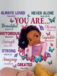 卡通女孩图案墙贴，贴纸，墙贴花，乙烯基贴花用于家居装饰，春季装饰品让您的家焕然一新，拉玛装饰贴纸礼物生日毕业 - 彩色 - 查看 2