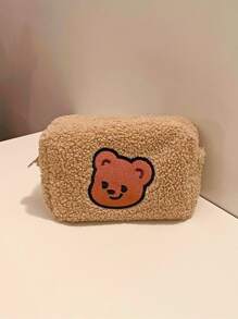 1入組韓語風格卡通毛茸茸熊化妝包柔軟女士旅行化妝品收納小袋 - 卡其色 - 查看 2