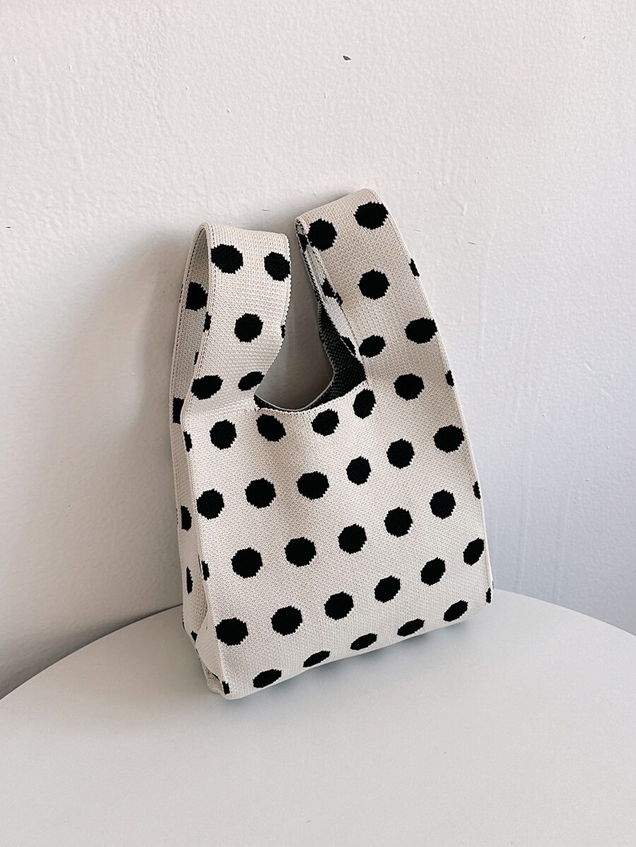 迷你波卡圓點時尚勾織手提包 - 黑與白 - 查看 1