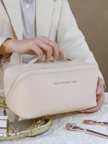 Letter Detail Make Up Bag Zipper Around Top Handle Makeup Bag Make Up Organizer Wash Bag Toiletry Bag Makeup Storage Cosmetic Bag For Bathroom For Travel For College Dorm For Women Girl Gift For For Mom Makeup Bags Makeup Pouch Make Up Pouch - White - View 8