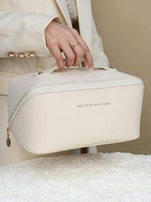 Letter Detail Make Up Bag Zipper Around Top Handle Makeup Bag Make Up Organizer Wash Bag Toiletry Bag Makeup Storage Cosmetic Bag For Bathroom For Travel For College Dorm For Women Girl Gift For For Mom Makeup Bags Makeup Pouch Make Up Pouch - White - View 9