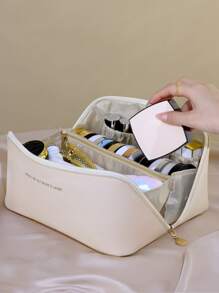 Letter Detail Make Up Bag Zipper Around Top Handle Makeup Bag Make Up Organizer Wash Bag Toiletry Bag Makeup Storage Cosmetic Bag For Bathroom For Travel For College Dorm For Women Girl Gift For For Mom Makeup Bags Makeup Pouch Make Up Pouch - White - View 7