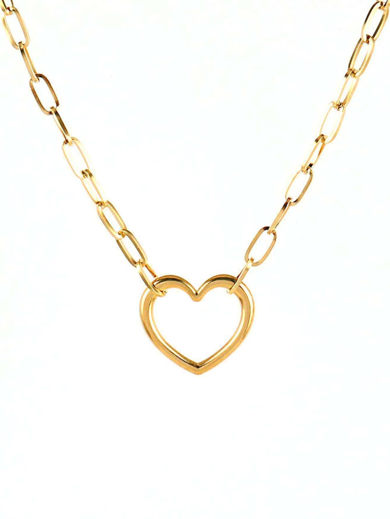 Women's Stainless Steel Heart Pendant Necklace, Punk Style Heart Charm Chain Necklace, Neck Jewelry, Gift For Valentine's Day, Mother's Day - Yellow Gold - View 1