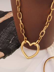 Women's Stainless Steel Heart Pendant Necklace, Punk Style Heart Charm Chain Necklace, Neck Jewelry, Gift For Valentine's Day, Mother's Day - Yellow Gold - View 3