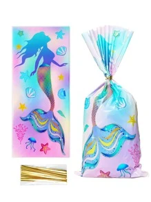 50入組OPP材質禮品袋，人魚鱗片圖案糖果及餅乾裝飾禮品包裝袋，適用於生日派對裝飾及禮品用品 - 淡紫色 - 查看 6