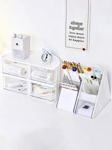 1入組弧形書桌多功能收納盒,塑膠辦公室化妝品和各種各樣收納,多功能收納容器 - 無色 - 查看 1