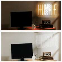 Hustle/Humble LED Neon Sign Neon Light,15.75''X9.84'' Modern Slogan Design For Home Room Office Wall Decor (Yellow&White Light ) - 黃色 - 查看 2