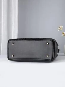 絨球裝飾衍縫手提托特包 - 黑色 - 查看 4