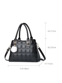 絨球裝飾衍縫手提托特包 - 黑色 - 查看 6