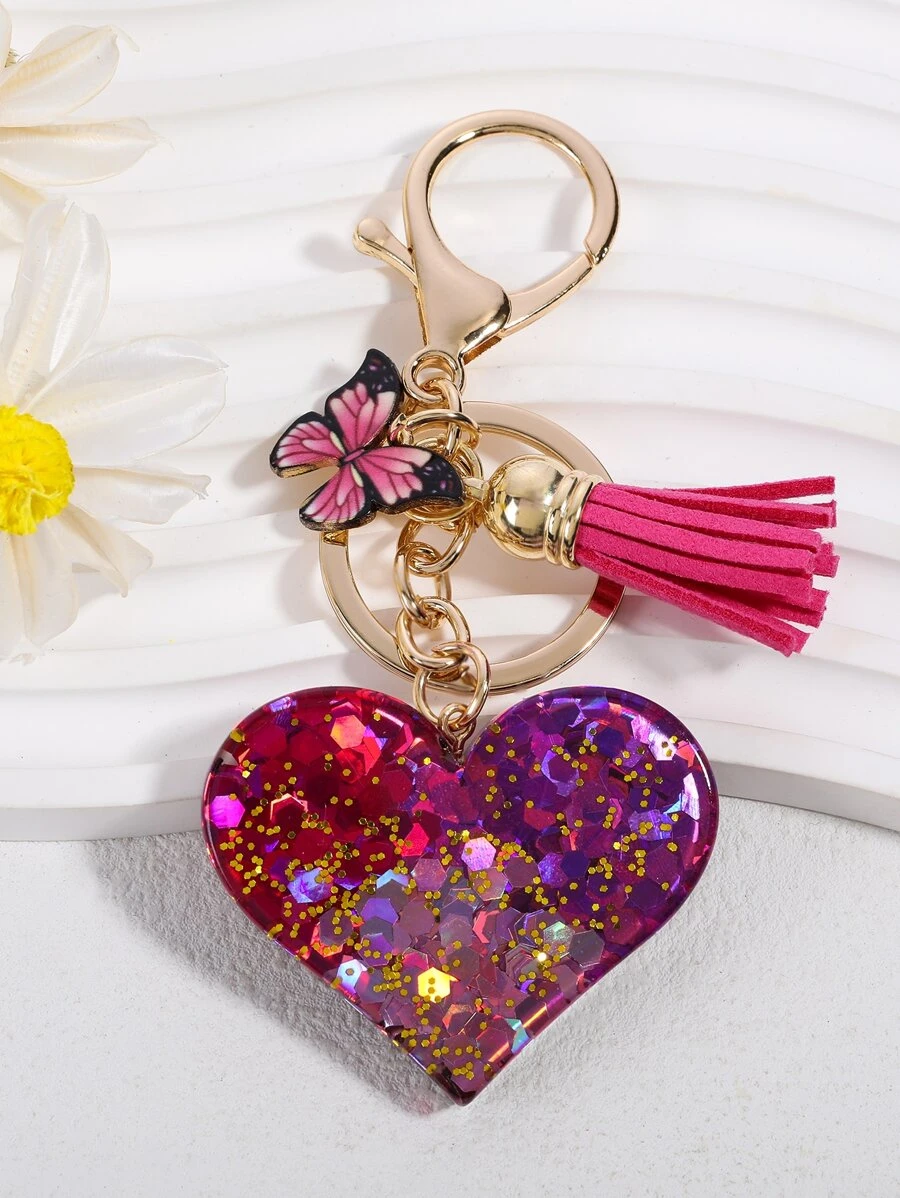 1入組時尚金屬亮絲心,蝴蝶和流蘇鑰匙圈 - 彩色 - 查看 1