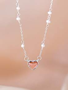 1入精美貝母裝飾心形925純銀吊墜項鍊,適合作為女士禮物