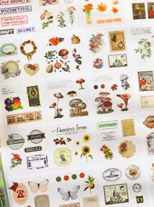 100 张复古花朵美学贴纸套装，可爱花卉植物蘑菇蝴蝶 PET 透明自粘剪贴簿贴纸，适用于日记笔记本电脑手机壳笔记本礼品标签相册