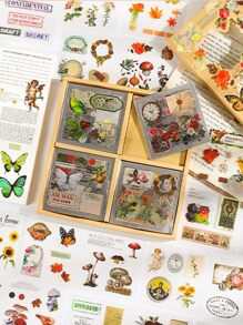 100 张复古花朵美学贴纸套装，可爱花卉植物蘑菇蝴蝶 PET 透明自粘剪贴簿贴纸，适用于日记笔记本电脑手机壳笔记本礼品标签相册