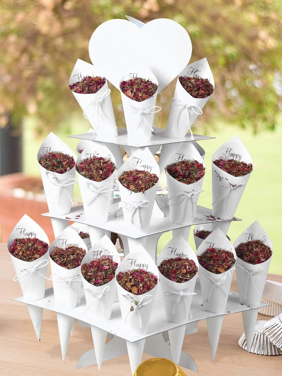 57 chiếc Khay hoa giấy nhiều lớp màu trắng hình vuông, Bộ nón giấy hoa khô trang trí đám cưới