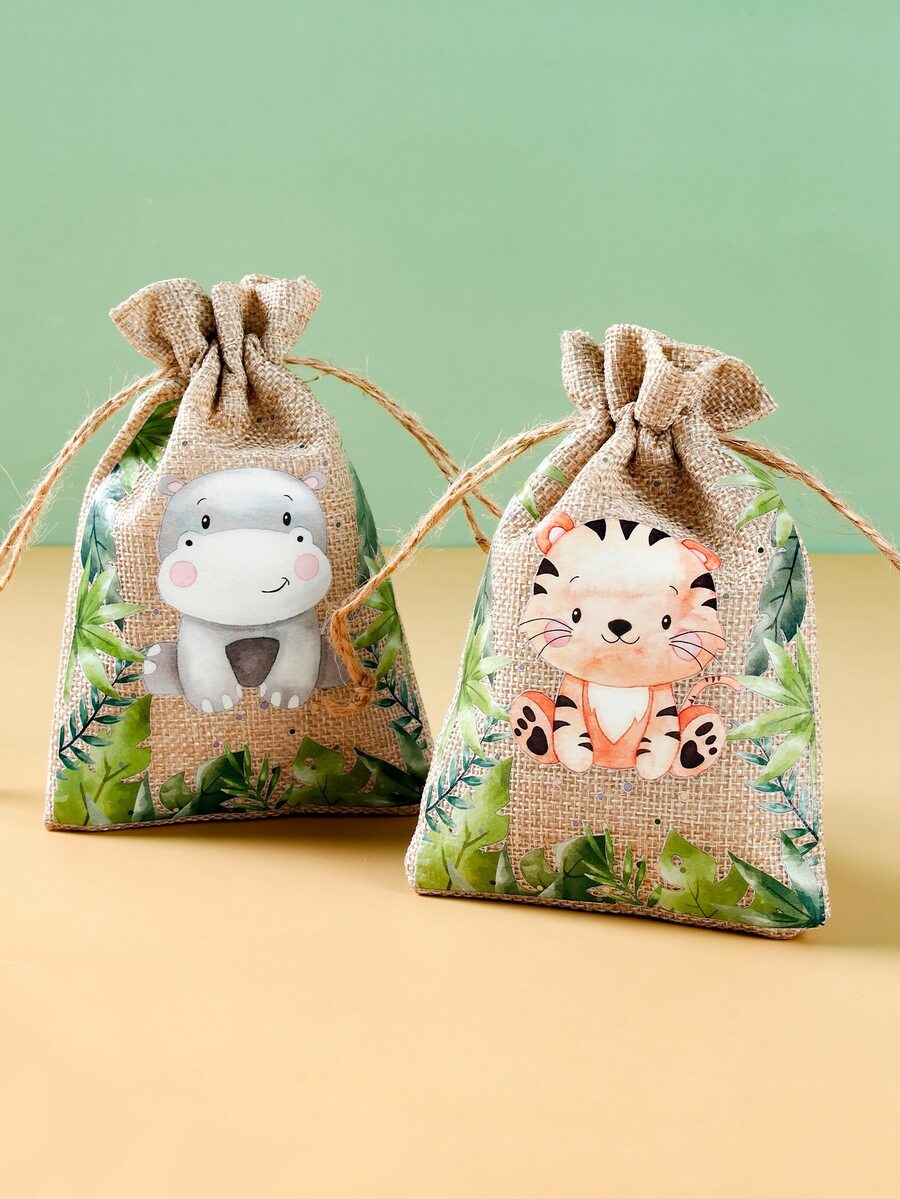 6 Chiếc Rừng Động Vật Phong Cách Dây Rút Vải Lanh Túi Quà Tặng, Vải Bố Túi Quà Tặng, đám cưới Sinh Nhật Cho Bé Quà Tặng Đóng Gói Túi - Nhiều màu - Xem 1