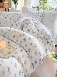 4pcs/Set Countryside Style Double Layer Gauze Floral Printed Bedding Set With Ditsy Flower Pattern - Apricot - View 1