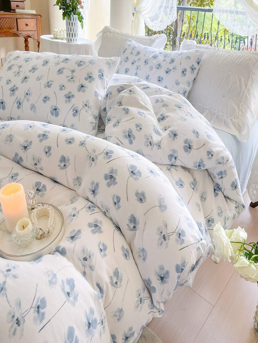 4pcs/Set Countryside Style Double Layer Gauze Floral Printed Bedding Set With Ditsy Flower Pattern - Apricot - View 1