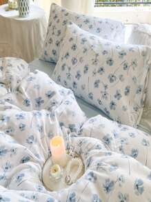 4pcs/Set Countryside Style Double Layer Gauze Floral Printed Bedding Set With Ditsy Flower Pattern - Apricot - View 4