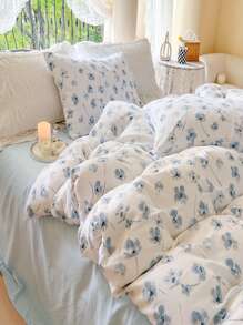 4pcs/Set Countryside Style Double Layer Gauze Floral Printed Bedding Set With Ditsy Flower Pattern - Apricot - View 3