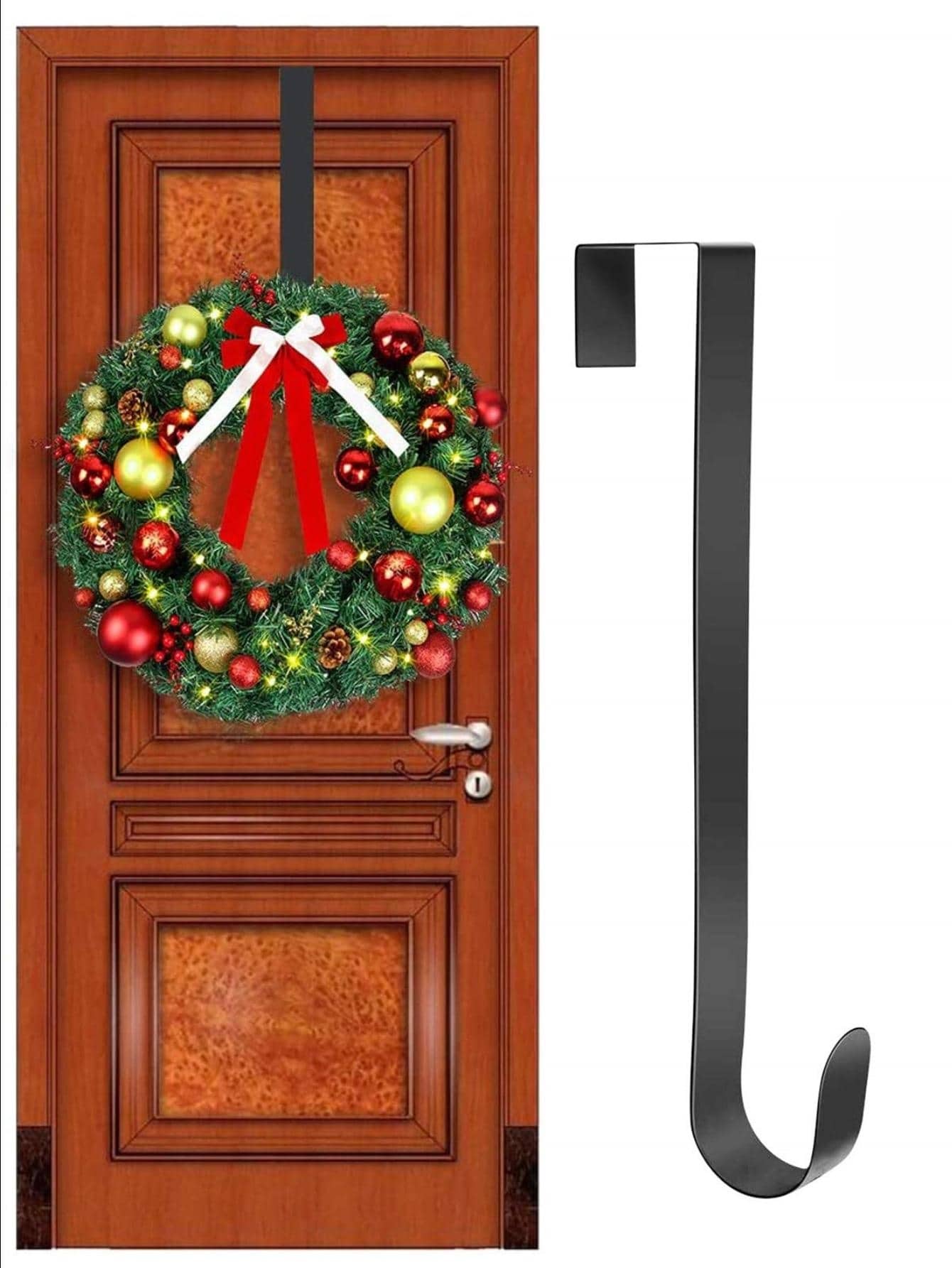 1 Pc Premium Wreath Hanger For Front Door, Black Over The Door Metal Hooks, Long Wreath Hangers For Hanging Christmas Decorations, Clothes, Towels, Signs And More