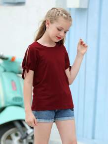 Tween Girl Solid Knot Cuff Tee - Burgundy - View 3