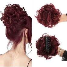 凌亂髮髻發片凌亂高髻假髮女式波浪捲曲髮圈夾爪髮髻合成爪夾帶頭髮 - 酒紅色 - 查看 1