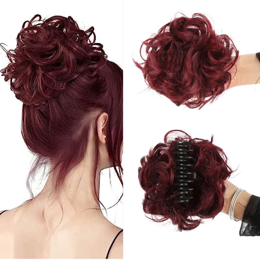 凌亂髮髻發片凌亂高髻假髮女式波浪捲曲髮圈夾爪髮髻合成爪夾帶頭髮 - 酒紅色 - 查看 1