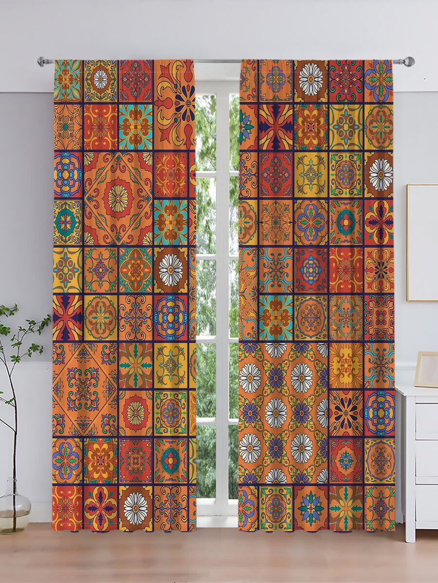 2 piezas azul portugués digital con estampado ventana Cortinas con bolsillo con Varilla , tasa , poliéster material , adecuado para sala de estar , dormitorio , oficina , cocina con casa adorno - Multicolor - Ver 1