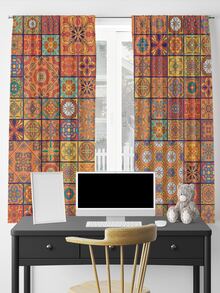 2 piezas azul portugués digital con estampado ventana Cortinas con bolsillo con Varilla , tasa , poliéster material , adecuado para sala de estar , dormitorio , oficina , cocina con casa adorno - Multicolor - Ver 2