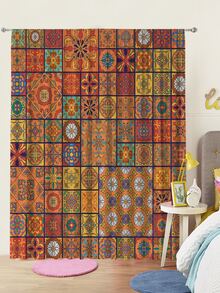 2 piezas azul portugués digital con estampado ventana Cortinas con bolsillo con Varilla , tasa , poliéster material , adecuado para sala de estar , dormitorio , oficina , cocina con casa adorno - Multicolor - Ver 3