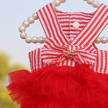 Quần áo thú cưng mùa xuân hè mới cho chó & mèo, váy lưới có dây treo sọc, cỡ nhỏ đến trung bình - Đỏ - Xem 2